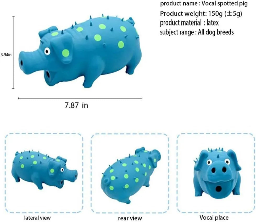 Blue pig-shaped latex dog chew toy with a textured surface and squeaker.