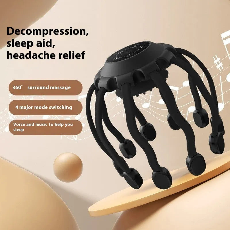 Black USB-powered head massager with multiple claws for scalp vibration and relaxation