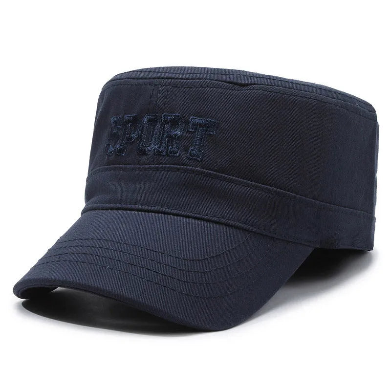 Men's adjustable cotton peaked cap in army green with dome crown and English letter detail
