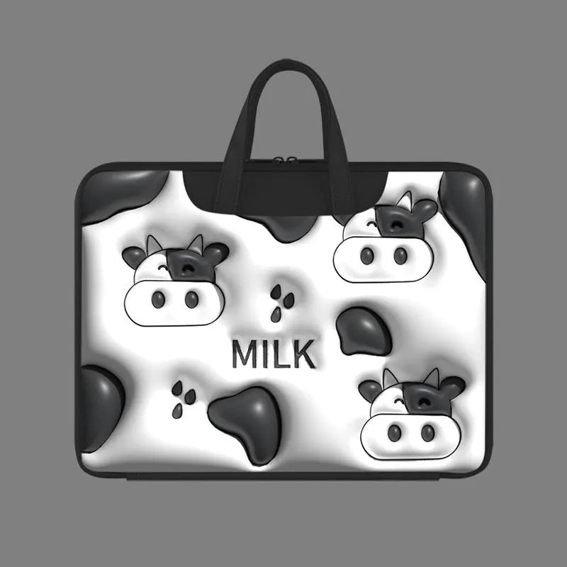 Inflatable PU leather laptop bag with hanging strap shown in a cute panda pattern design.