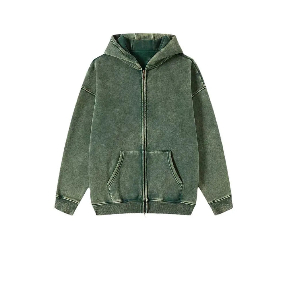 Man's dark green fleece-lined hooded cardigan sweater with a double zip front.