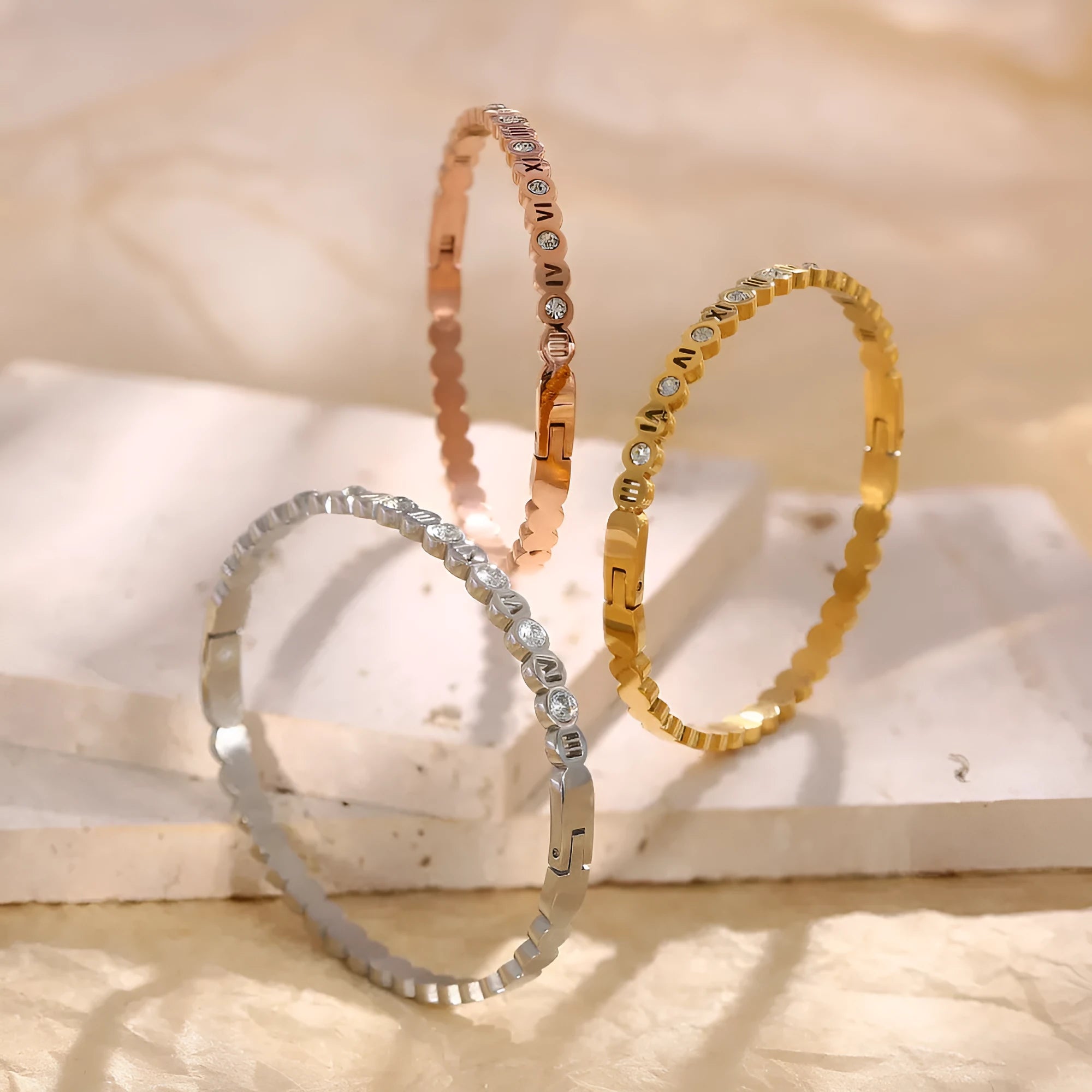 Korean style titanium steel bracelet with number design in gold, rose gold, or steel colour.