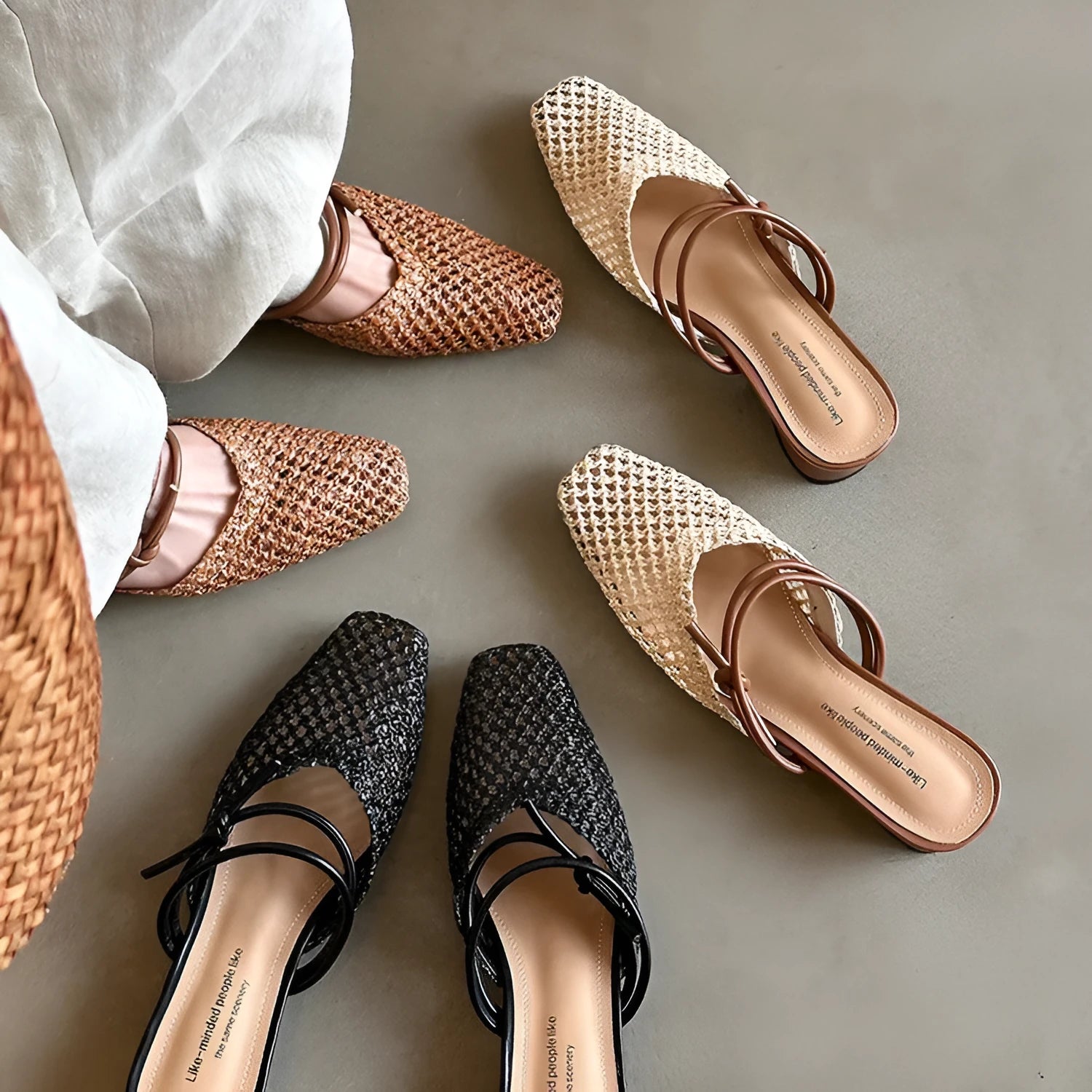 Women's French-style square toe outdoor slippers with hollow-out design and chunky retro heel