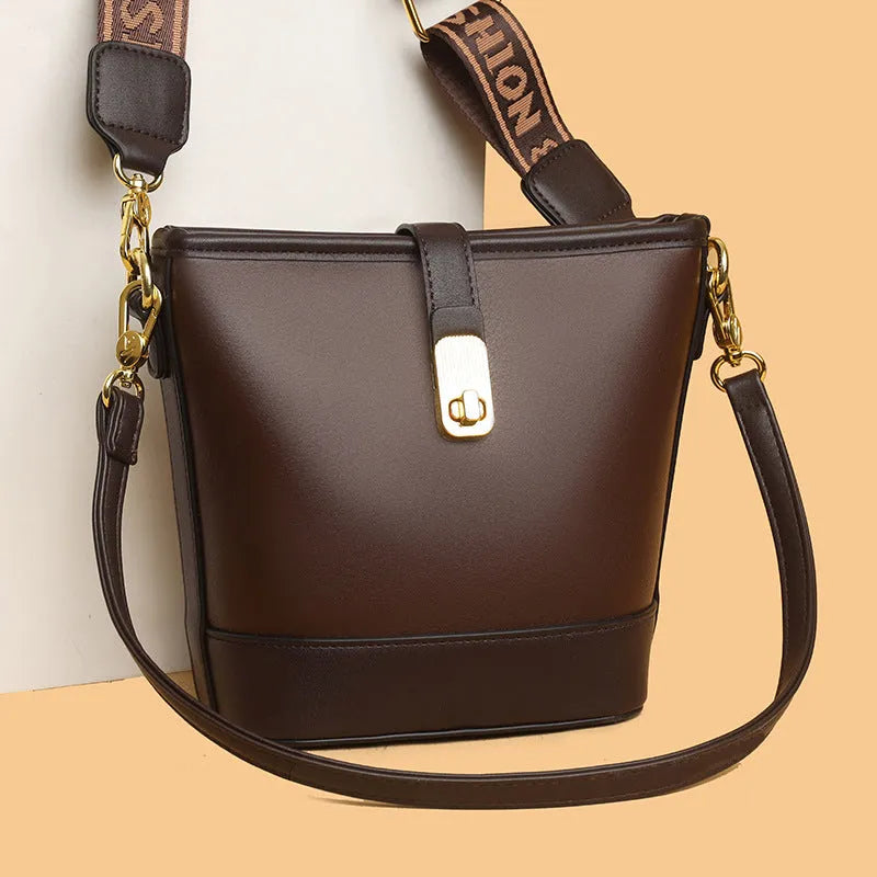 Korean style black PU bucket shoulder messenger bag showing internal organisation compartments