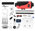 Diesel air heater kit with fuel tank, pump, and pipes for truck or van cabin heating.