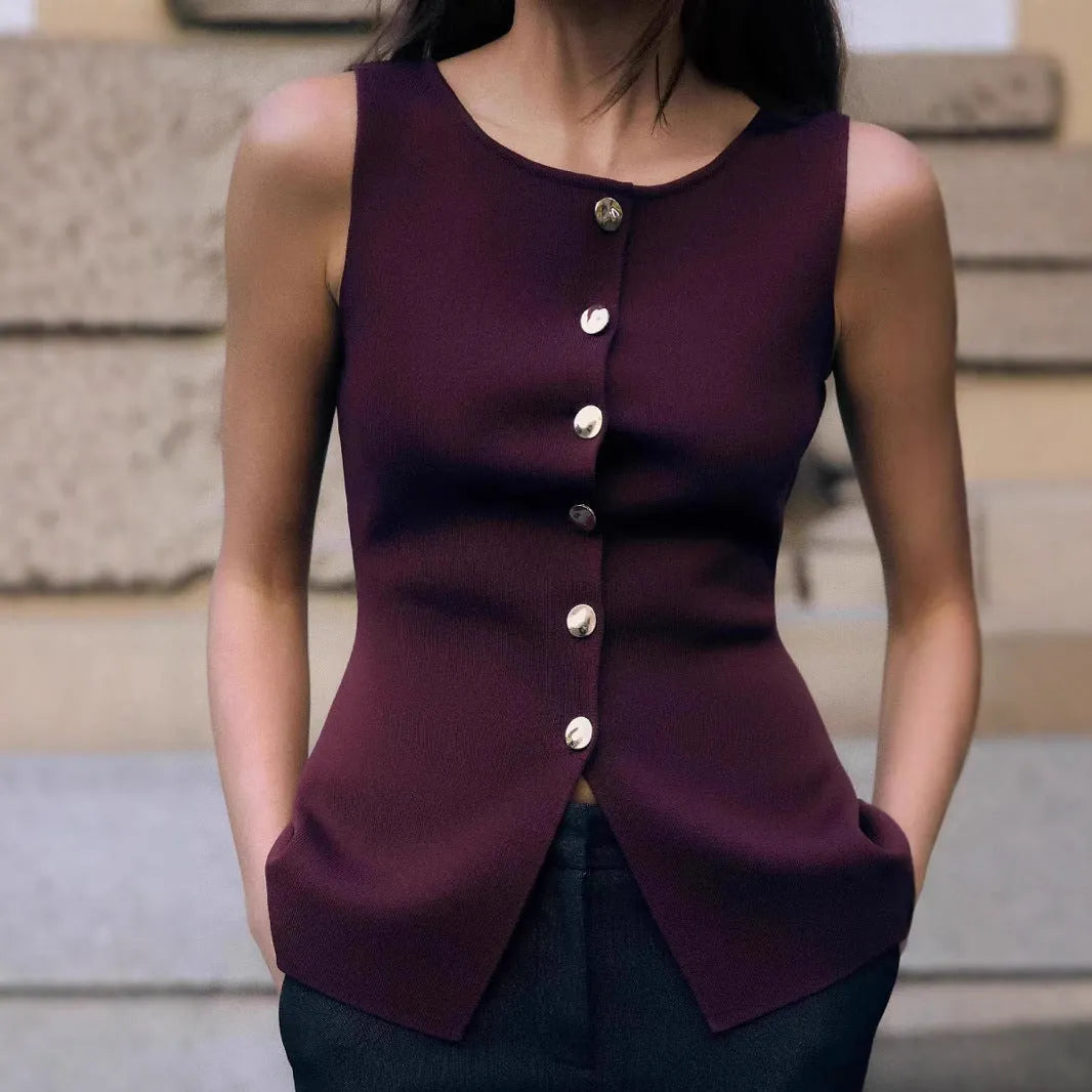 Women's dark red slim-fit viscose sleeveless vest with a raised 3D pattern design.