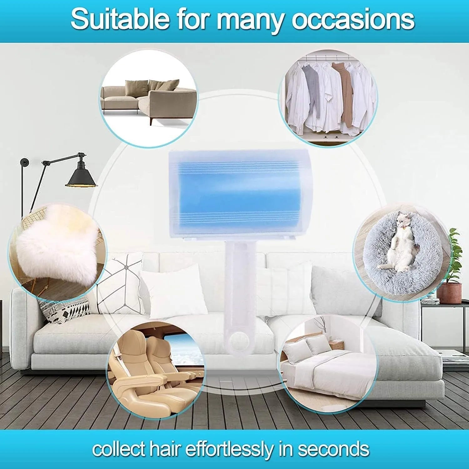 Blue washable reusable lint roller with cover for pet hair removal on fabric.