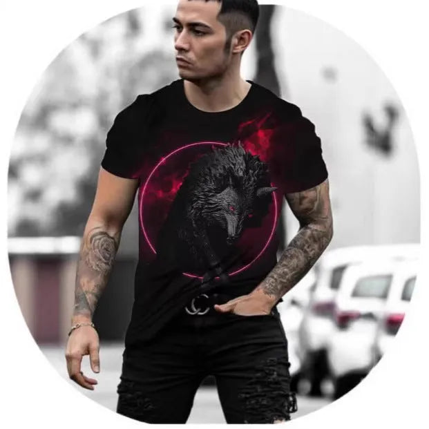 Man wearing a short-sleeved grey t-shirt with a retro 3D graphic print of a wild animal on the front.