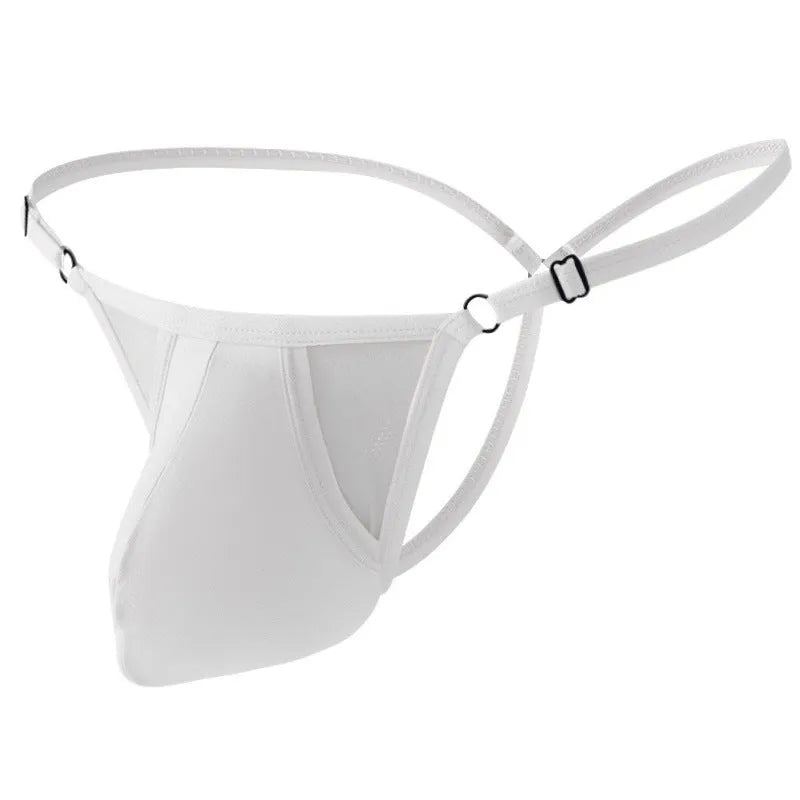 Men's ice silk T-back underwear in light purple showing adjustable thin straps and low waist design.