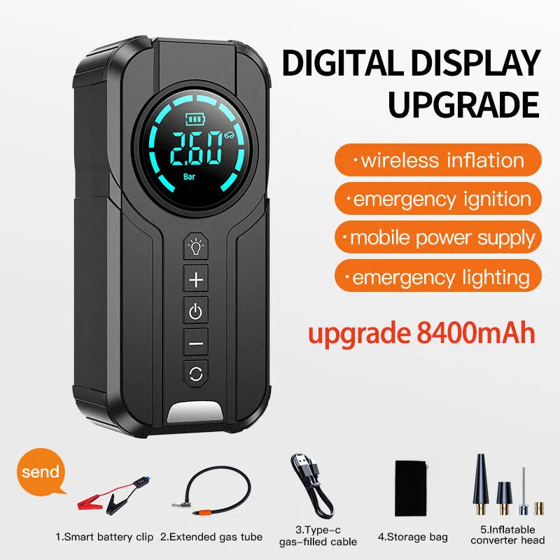 Black portable wireless car tyre inflator with digital display, 6000mAh battery, and a kit of nozzle attachments on a grey background.