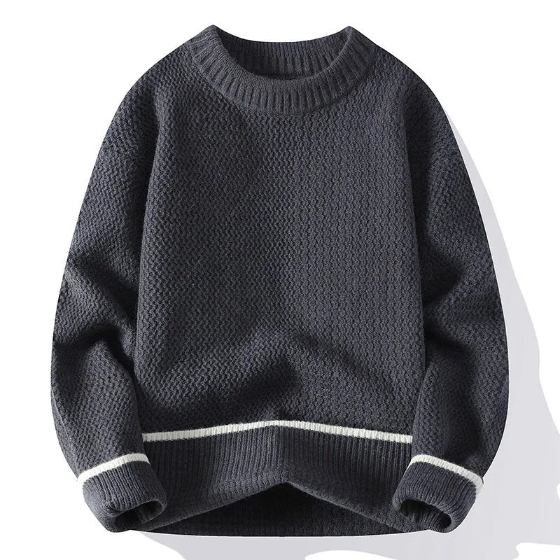 Men's loose fit round neck sweater in a chemical fibre blend, shown in grey, white, black, and khaki colours.