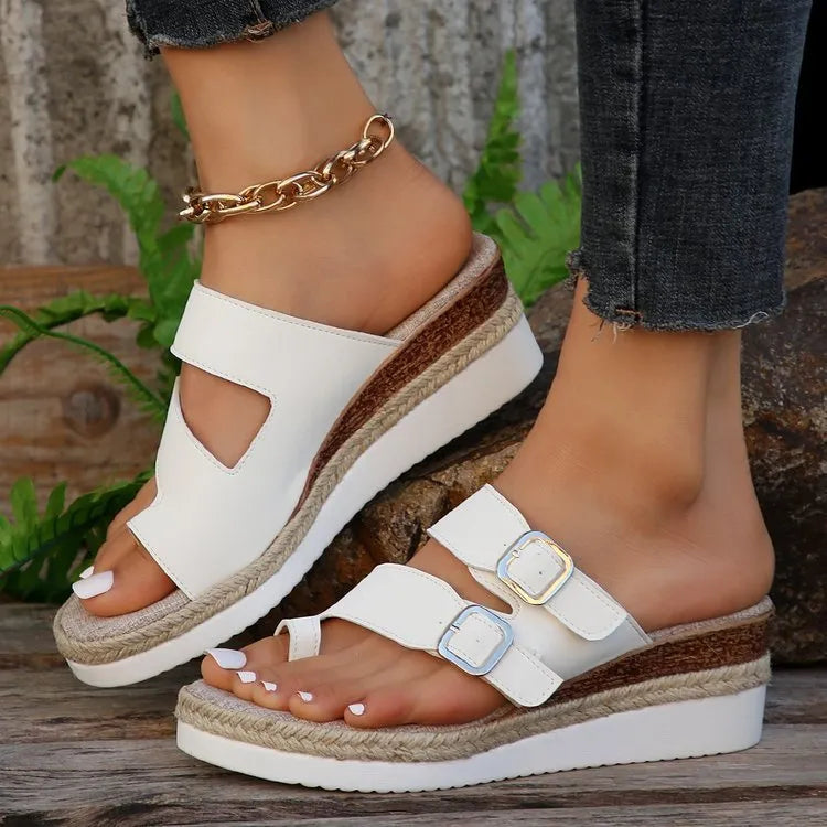 White woven patent leather women's wedge sandals with peep toe and finger fit design