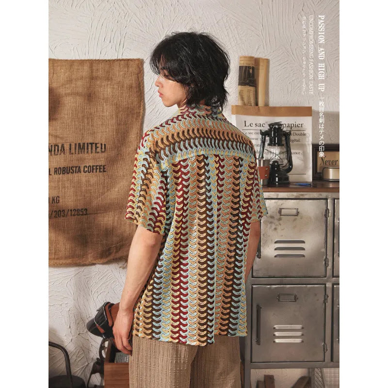 Grey Japanese style Cuban collar men's shirt with red jacquard pattern detailing on plus size model