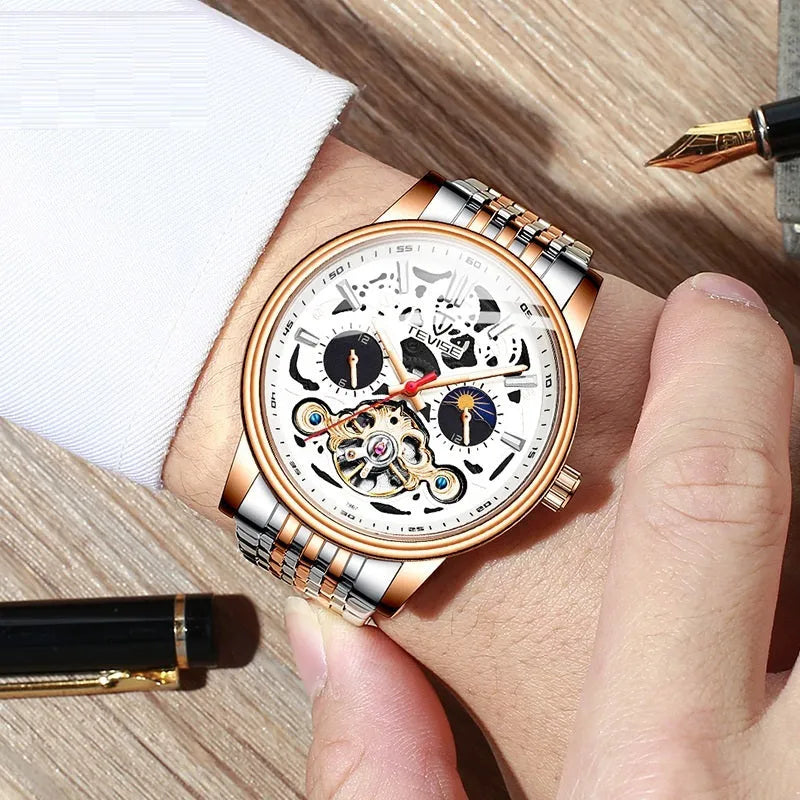 Men's fashion tourbillon mechanical watch with luminous dial on a metal bracelet, showing water resistant case.