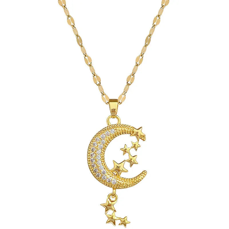 Moon pendant necklace with diamond accents on copper with geometric stainless steel chain