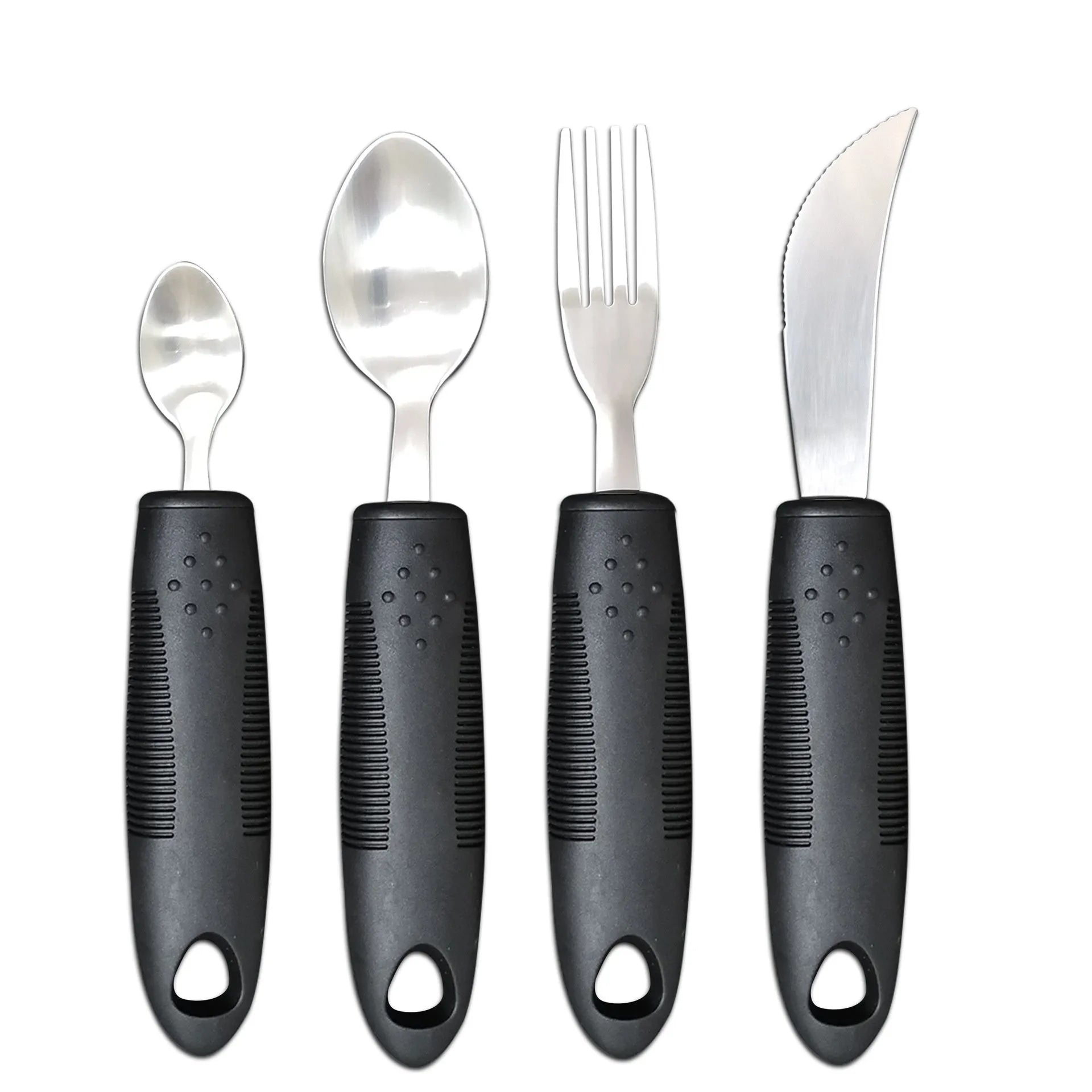 Stainless steel adaptive spoon with black rubber anti-shake handle for elderly food aid.
