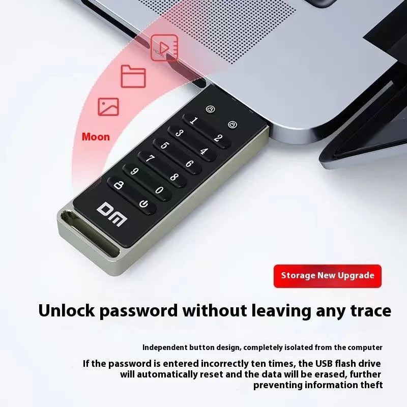 Metal USB flash drive with fingerprint sensor showing 64GB capacity and USB 3.0 connector