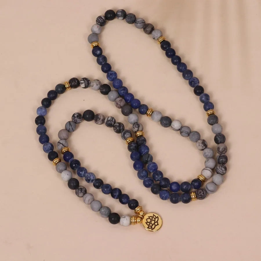 Blue patterned network stone beads on multi-layer alloy metal bracelet showing fresh sweet style