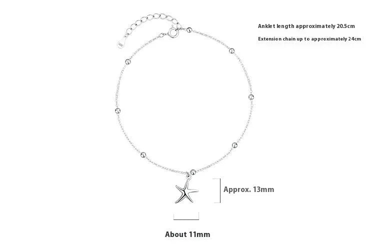 Women's sterling silver anklet with starfish charm beads on adjustable chain