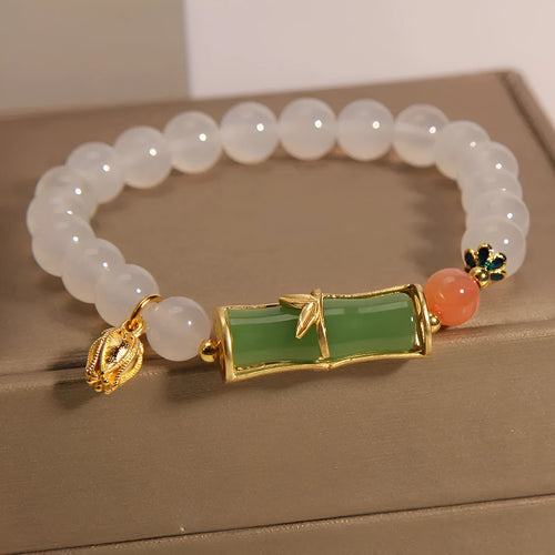 White agate jasper and jade bamboo beaded bracelet in Chinese retro style for women