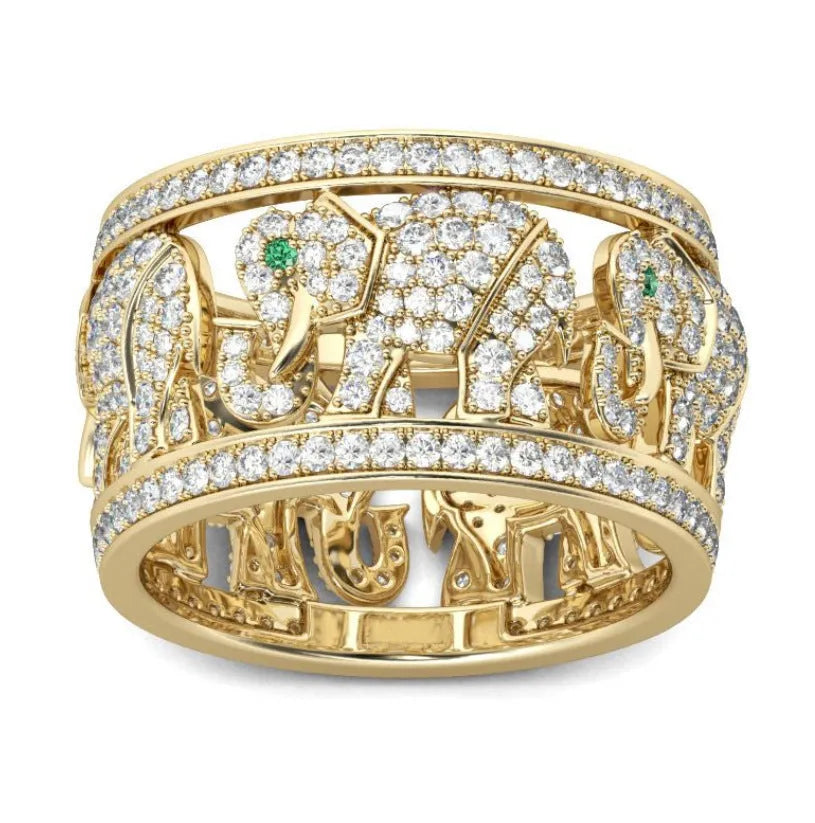 Creative diamond elephant fashion ring made from alloy with an electroplated finish.