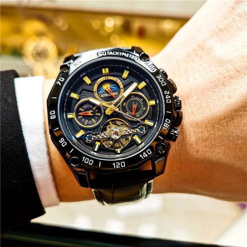 Men's automatic mechanical watch with stainless steel case on wrist, showing multi-functional dial.