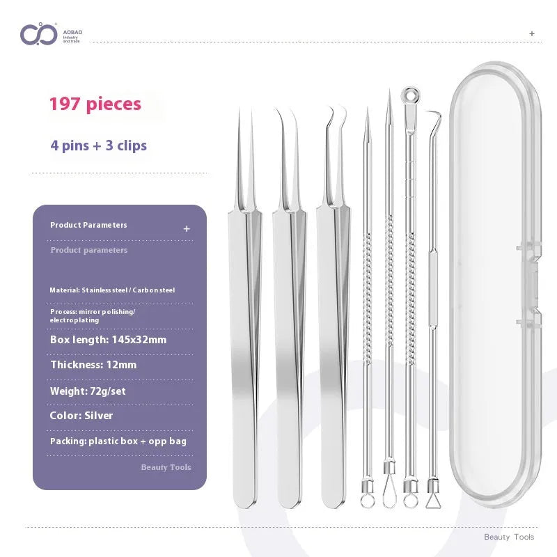Four silver metal acne needles with pointed tips laid out on a flat surface.