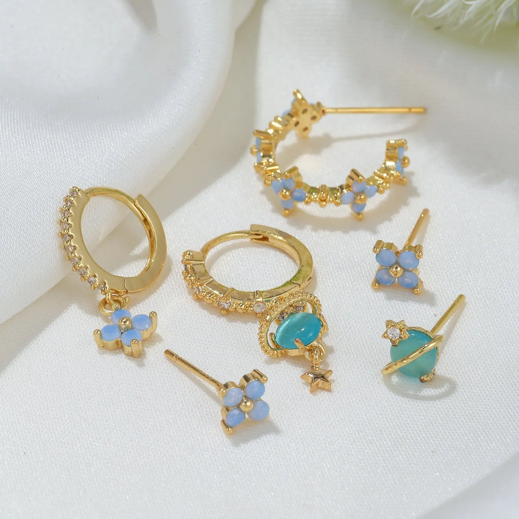 Gold or silver flower nail design ear studs with zircon mosaic accents