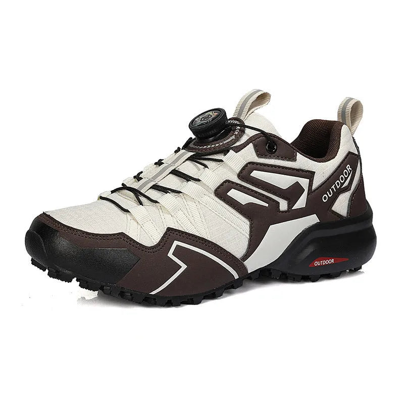 Men's beige and black lightweight hiking shoes with an elastic band closure and textured rubber sole.