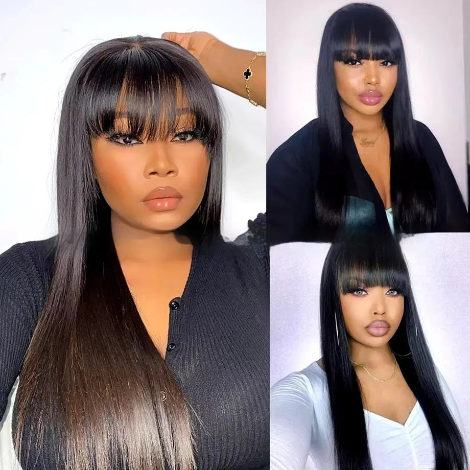 Natural colour women's human hair wig with full-mechanism headgear on display, showing length options.