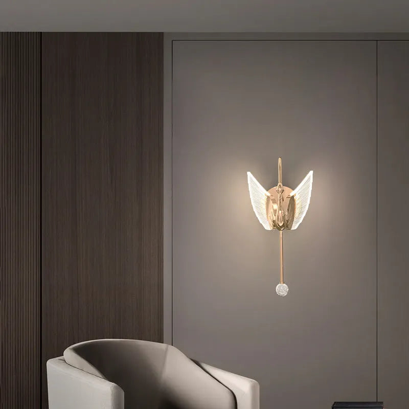 Gold modern swan bedside wall lamp with acrylic shade and dimming control