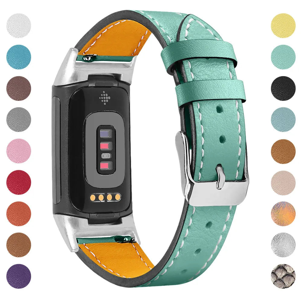 Genuine leather replacement strap for Fitbit Charge 5 and Charge 6 smartwatches in multiple colour options.