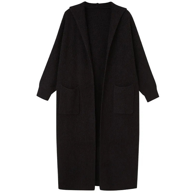 Long grey knitted women's cardigan trench coat with a hood and long sleeves.