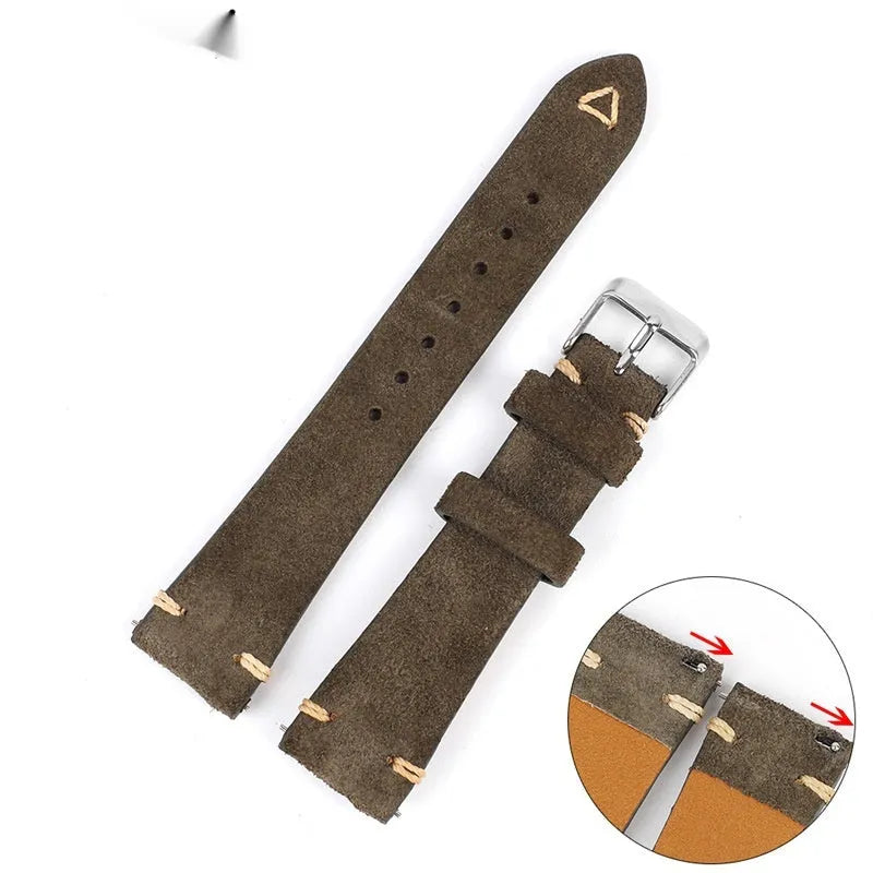 Genuine suede leather watch strap in brown, shown fitted to a watch with a 20mm lug width.