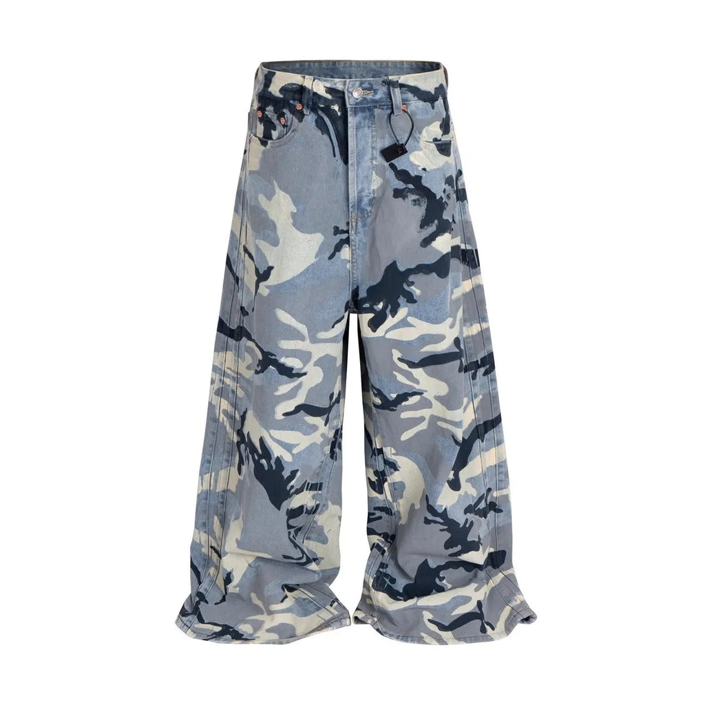 Snow camouflage blue loose fit jeans with elastic denim fabric and micro-elastic stretch