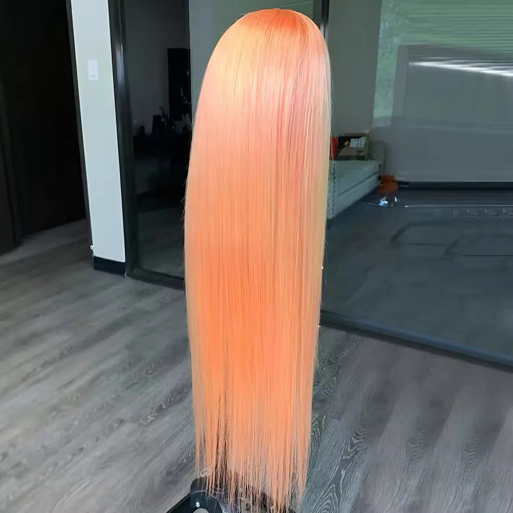 Light orange long straight synthetic wig with front lace hairline and side bangs