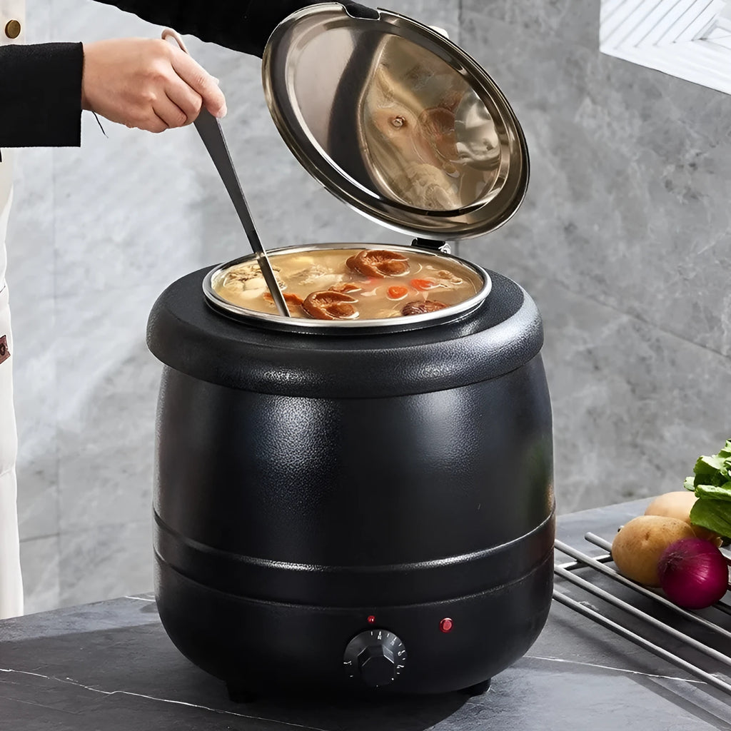 Black stainless steel electric insulation soup pot with steel lid, 10 litre capacity.