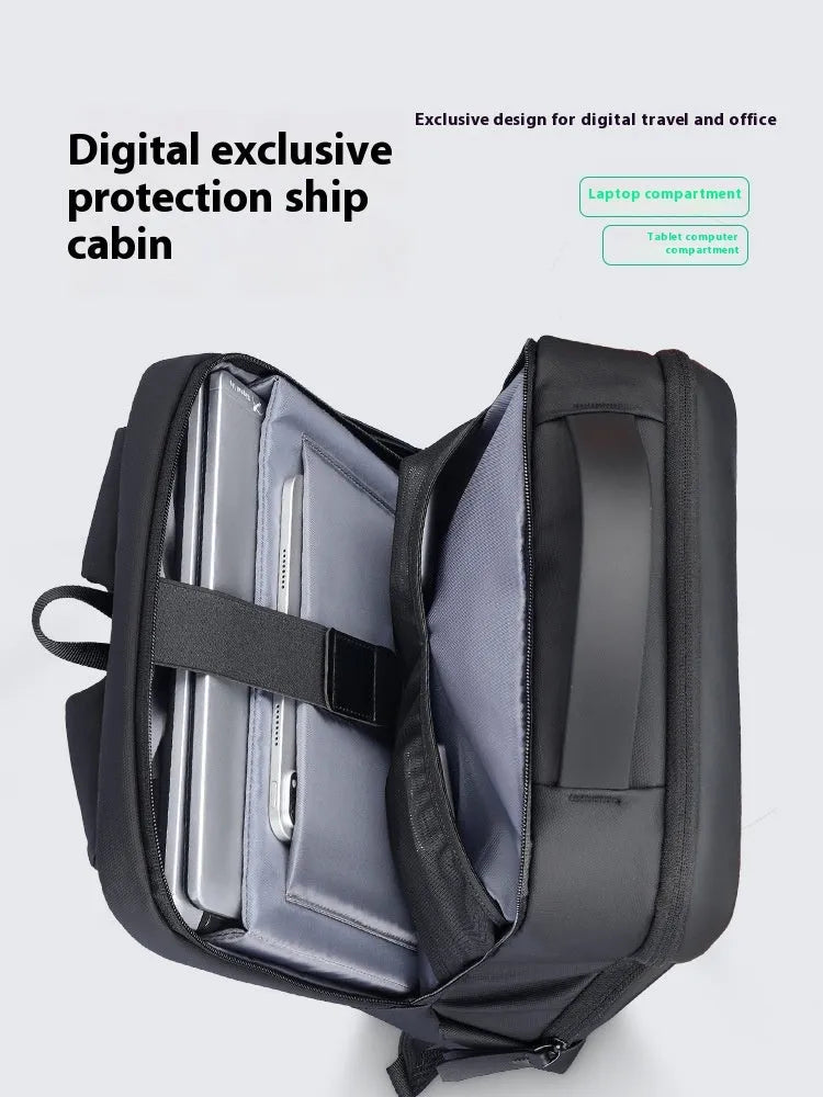 Graphite grey USB charging business backpack with Oxford cloth construction showing external USB port