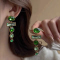 Green gradient geometric earrings with tassels and inlaid zircon detailing, Chinese-style alloy dangle earrings for women.