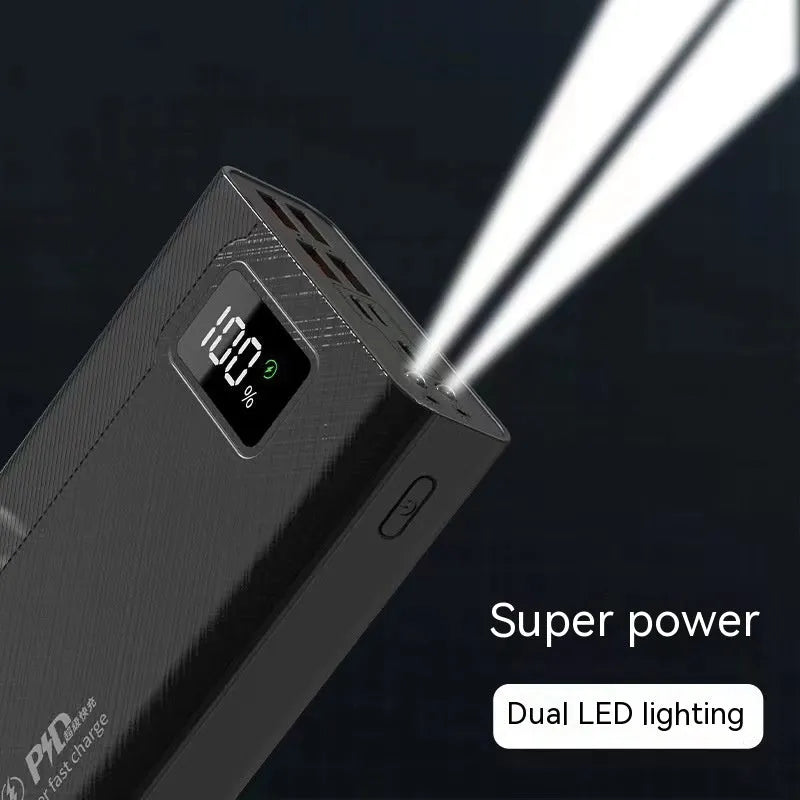 Large capacity black or white plastic power bank with fast charging support.
