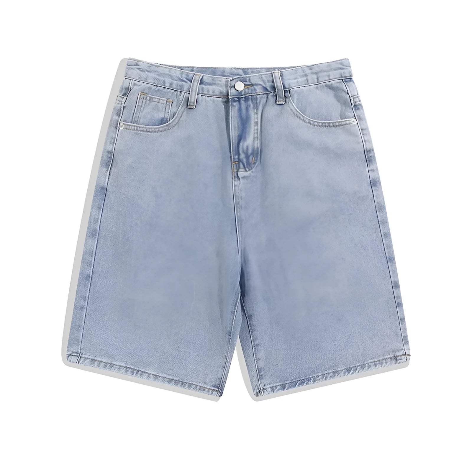 Man modelling light blue denim shorts with a straight-leg cut and zip fly, shown from the front.