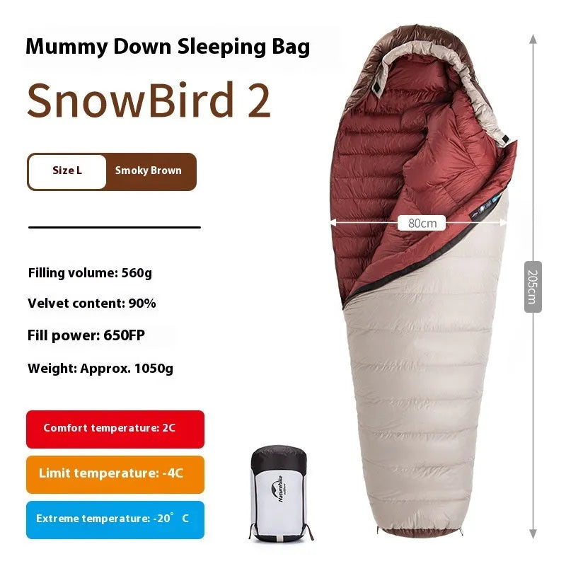 Adult mummy-style sleeping bag with goose down filler in multiple colour and weight options.