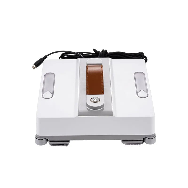 White intelligent window cleaning robot device with four water spray nozzles for automated high-rise window maintenance