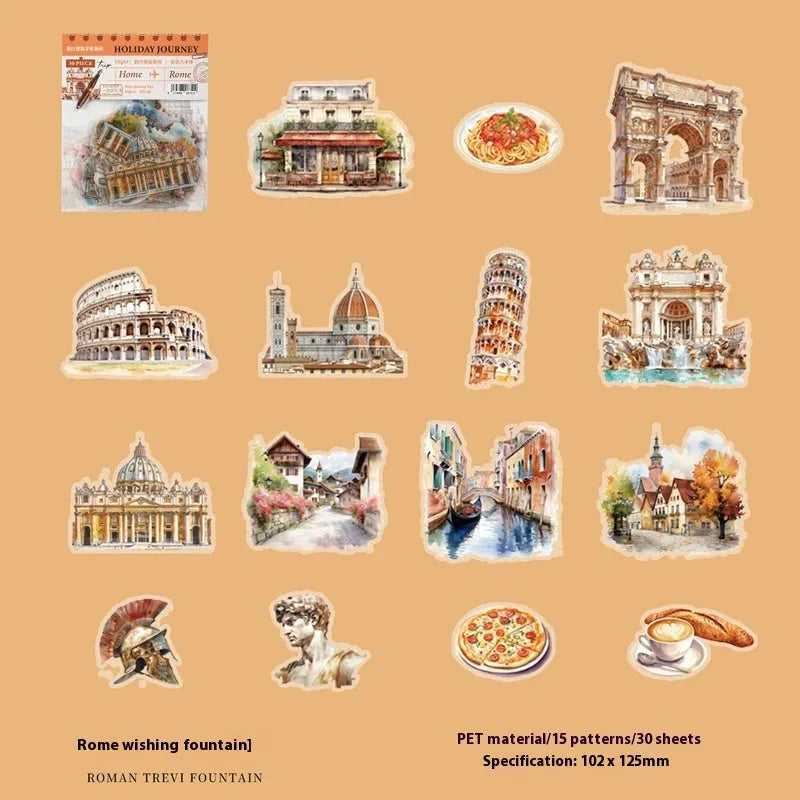 Holiday Journey Series architecture journal stickers in retro style showing six international landmark designs