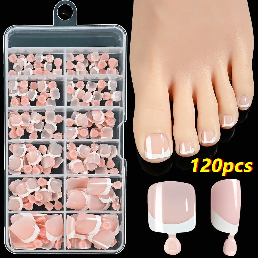 French white edge feet nude full square short artificial nail pieces 120pc boxed set showing multiple nude colour shades