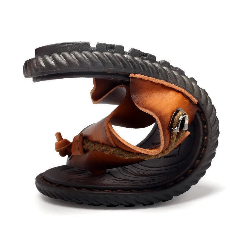 Men's plus size herringbone pattern outdoor slippers in dark blue and khaki with leather lining