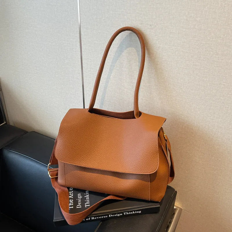Square PU leather tote bag with double shoulder straps in vintage casual style