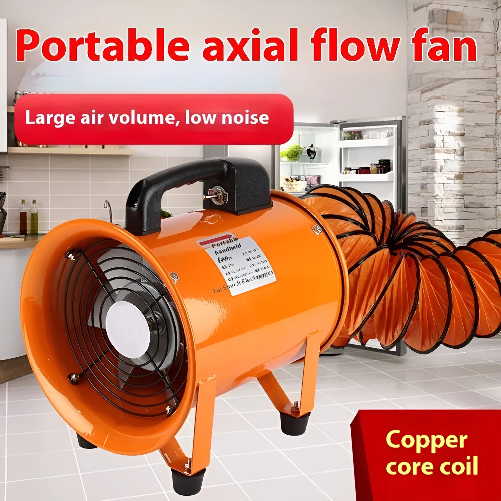 Industrial axial flow ventilation fan with titanium steel blades and flexible air duct for dust removal