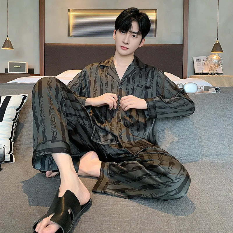Black striped ice silk men's pajama set with long sleeve V-neck top and thin trousers.