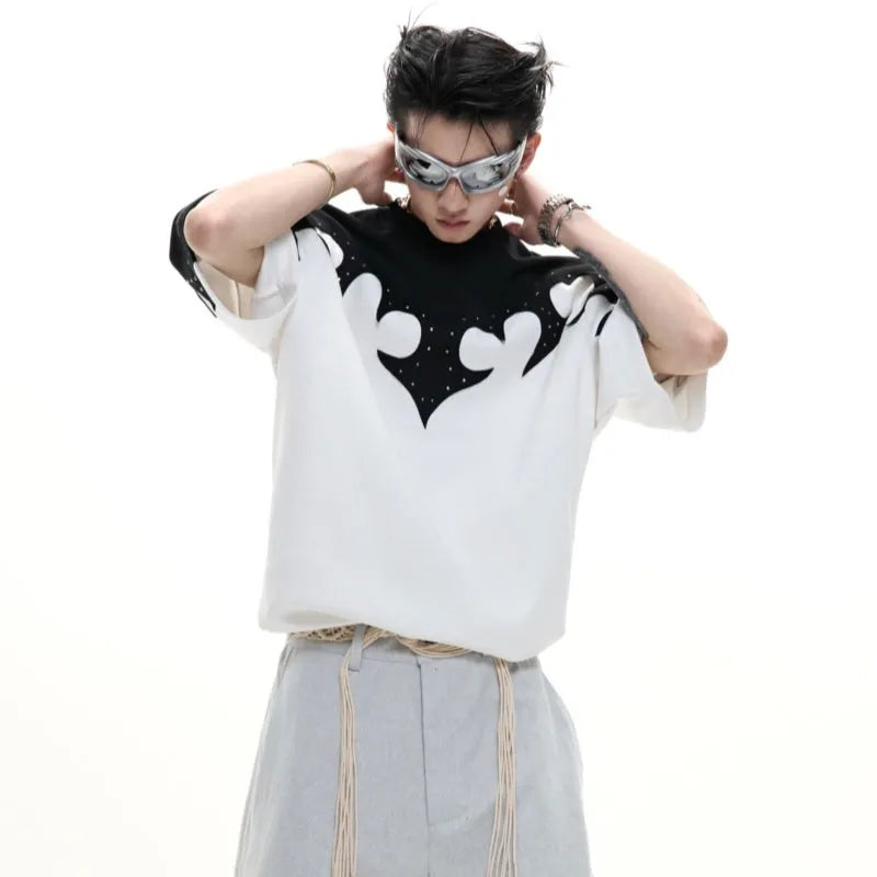 Men's red cotton t-shirt with 3D embroidered flower pattern and rhinestone details, loose drop-shoulder fit.